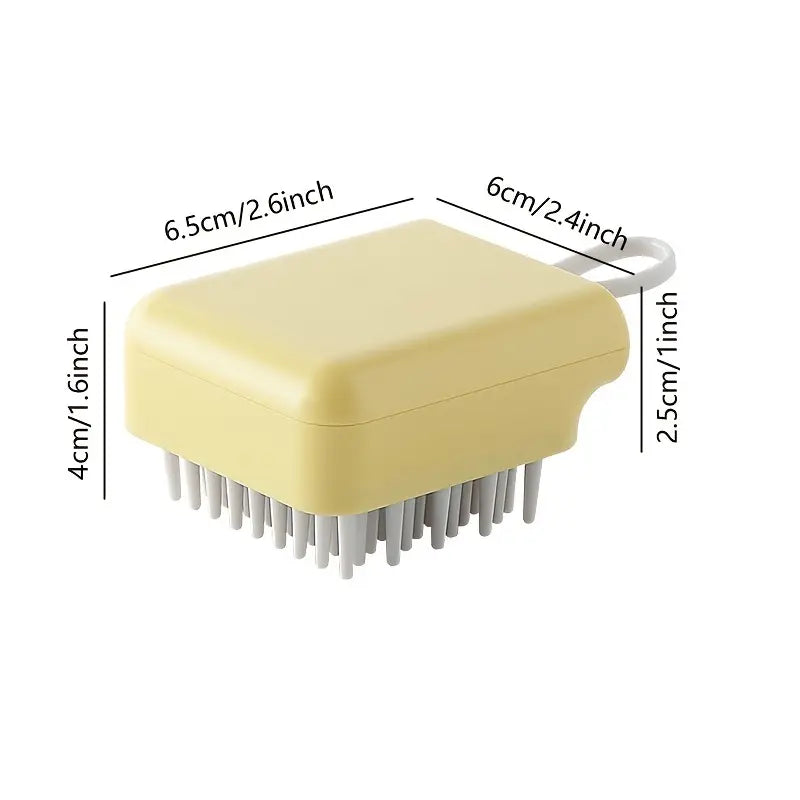 Scalp massage brush measurements diagram: 6.5 cm long, 6 cm wide, 4 cm tall
