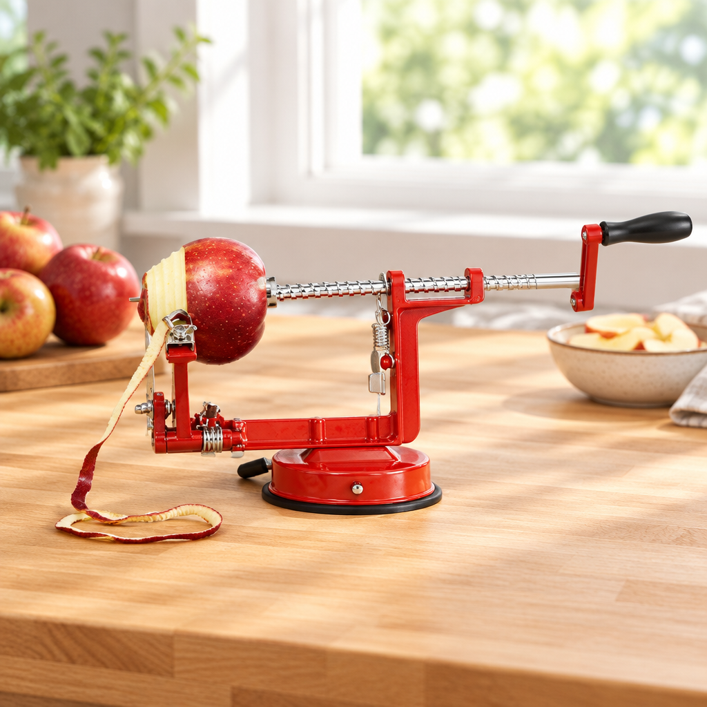 Apple peeler with suction base on a kitchen counter next to fresh apples