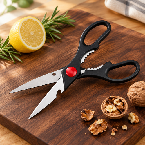 Multi-purpose kitchen scissors on a walnut cutting board with cracked walnuts, rosemary and lemon