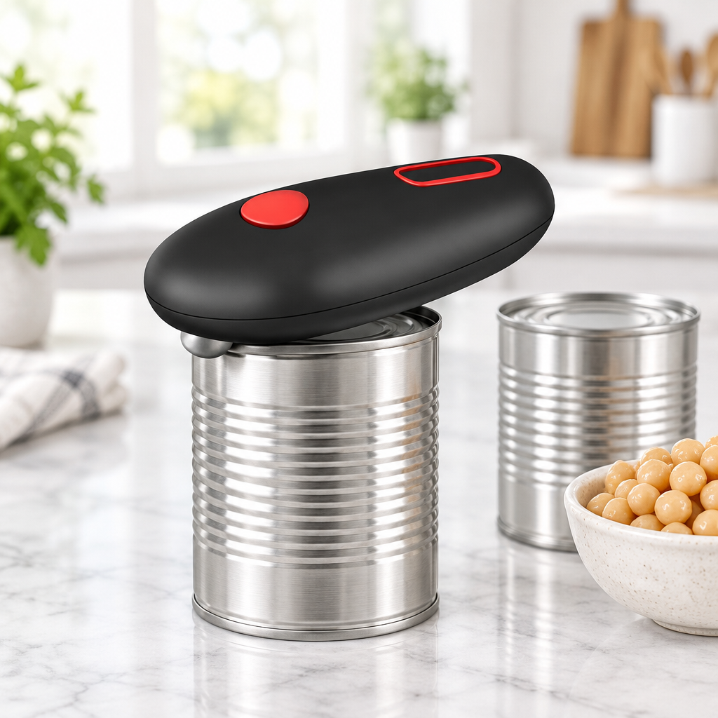 One-touch electric can opener sitting on a can on a marble kitchen counter