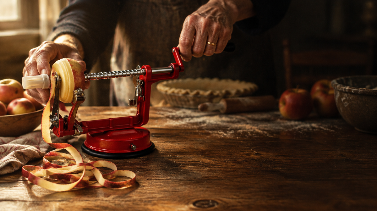 Hands turning the crank of an apple peeler with a long peel ribbon