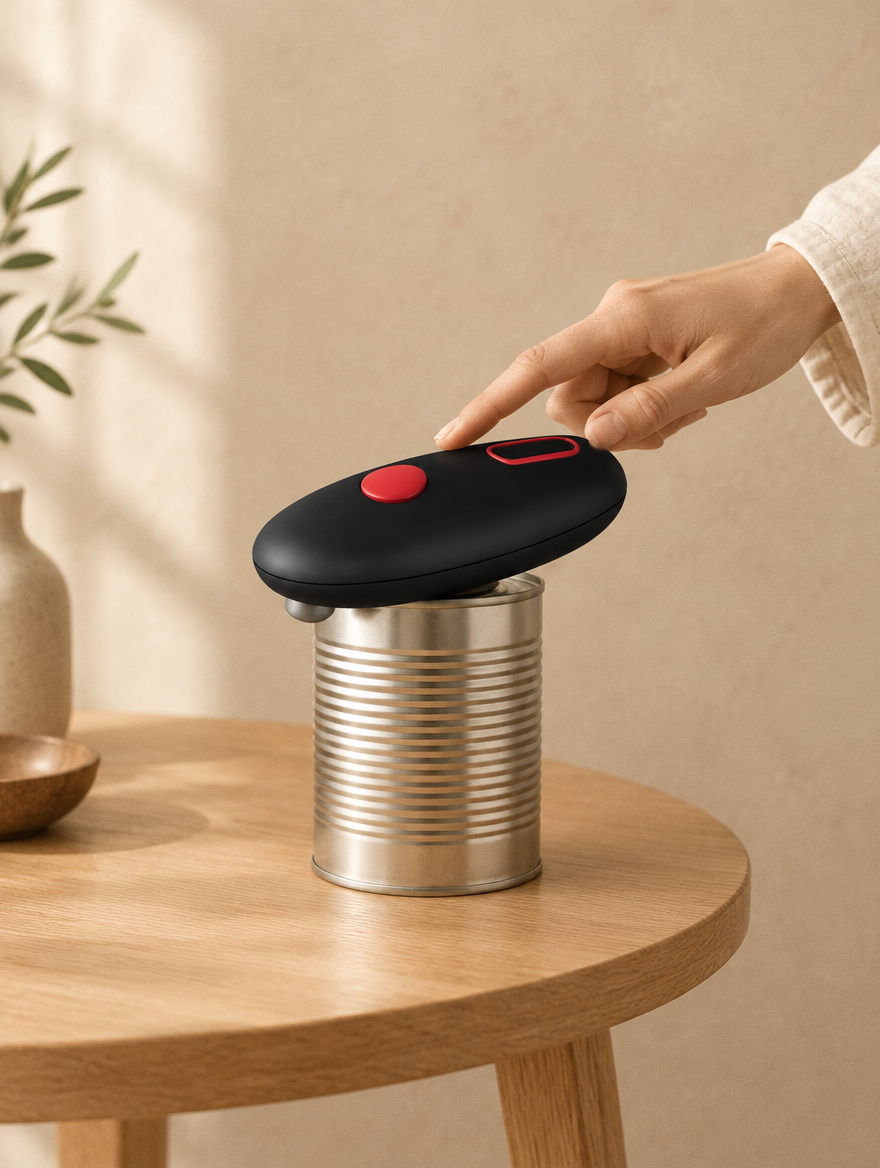 Electric can opener on a can on an oak side table