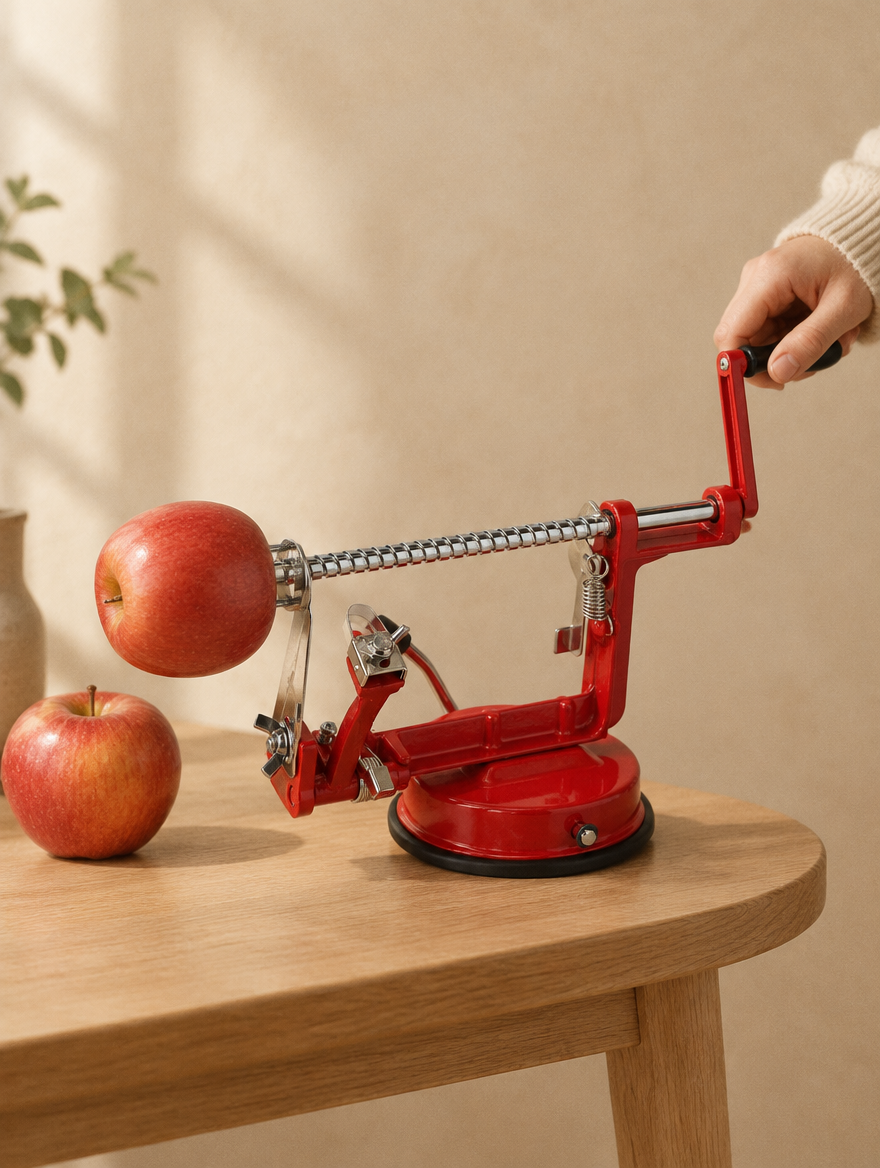 Apple peeler on an oak side table against a beige wall