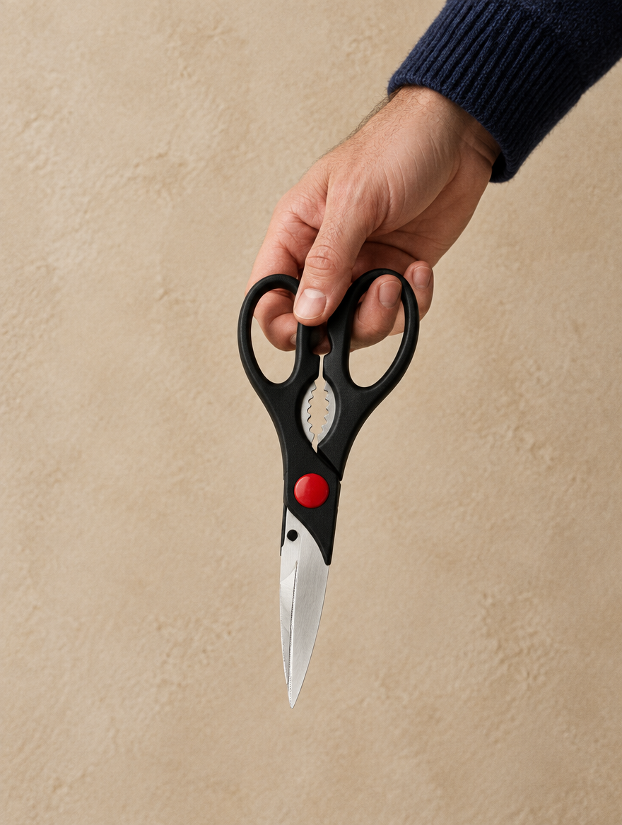 Hand holding multi-purpose kitchen scissors against a beige wall