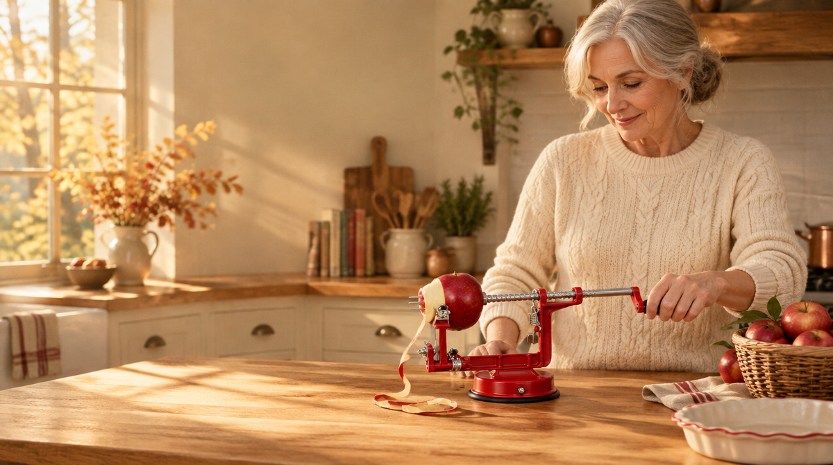 Woman peeling apples with a hand-crank peeler in a sunlit kitchen