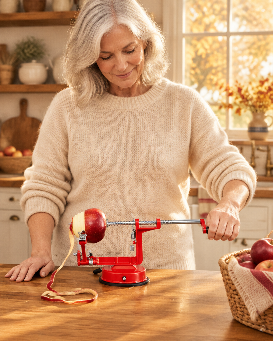 Woman turning the crank of an apple peeler at a kitchen counter